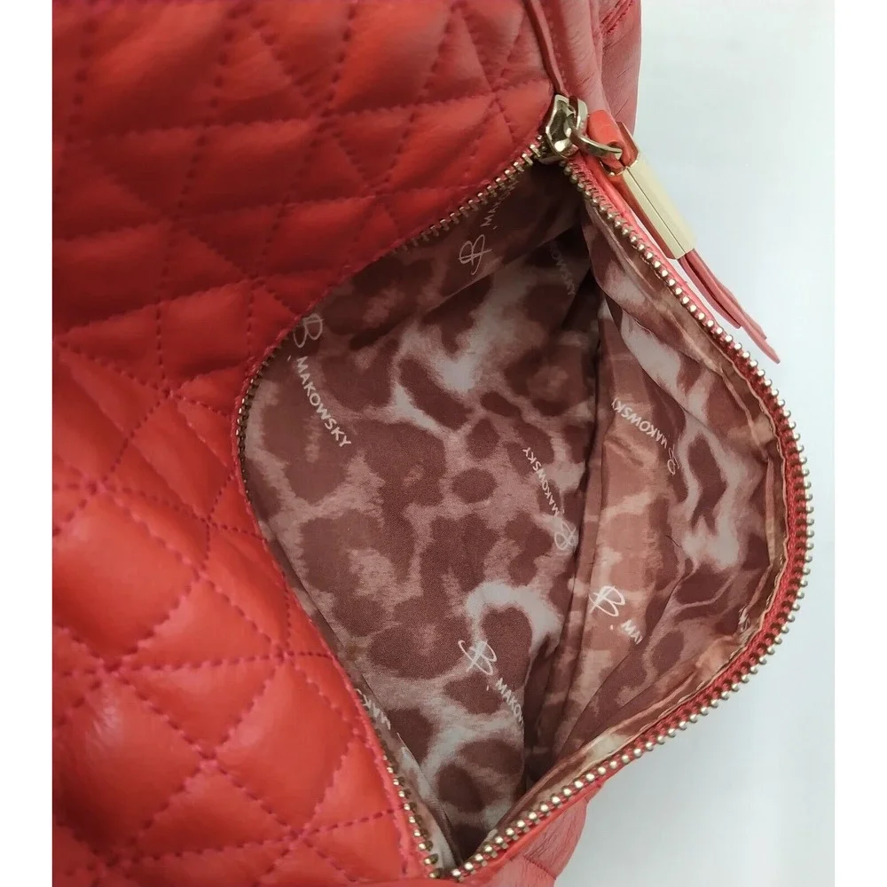 B. Makowsky Red Leather Quilted Chain Strap Zipper Hobo Shoulder Bag